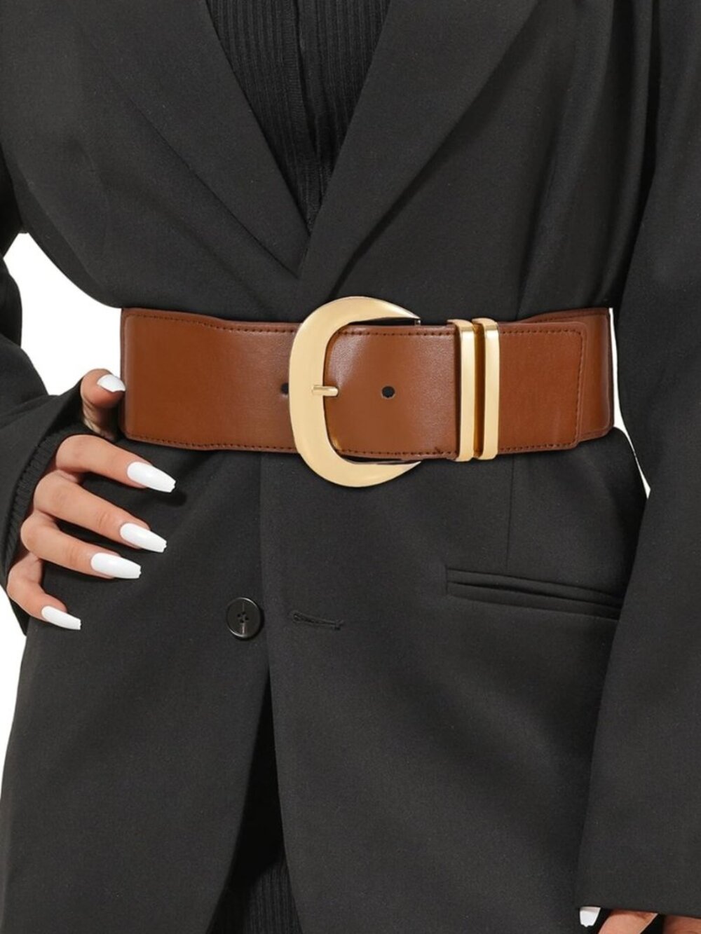 Women Wide Elastic Waist Belt for Dresses Fashion Gold Buckle Stretchy Leather